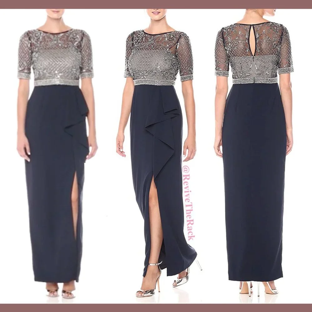 NEW Adrianna Papell Beaded Cascading Ruffle Gown in Midnight Blue [ SZ 4 ]‎